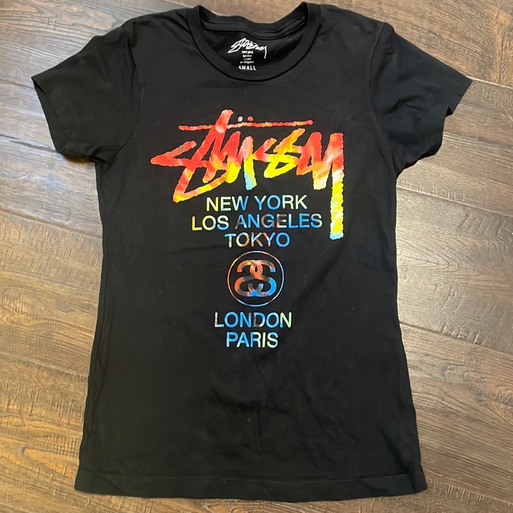 STUSSY world tour black with rare rainbow tie dye tshirt size small
